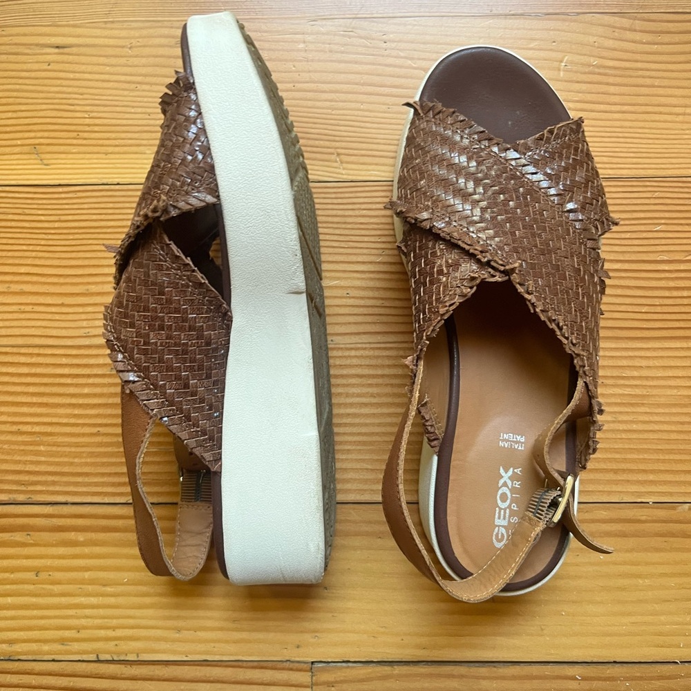 Geox Brown Woven Platform Slingback Sandals with White Sole
